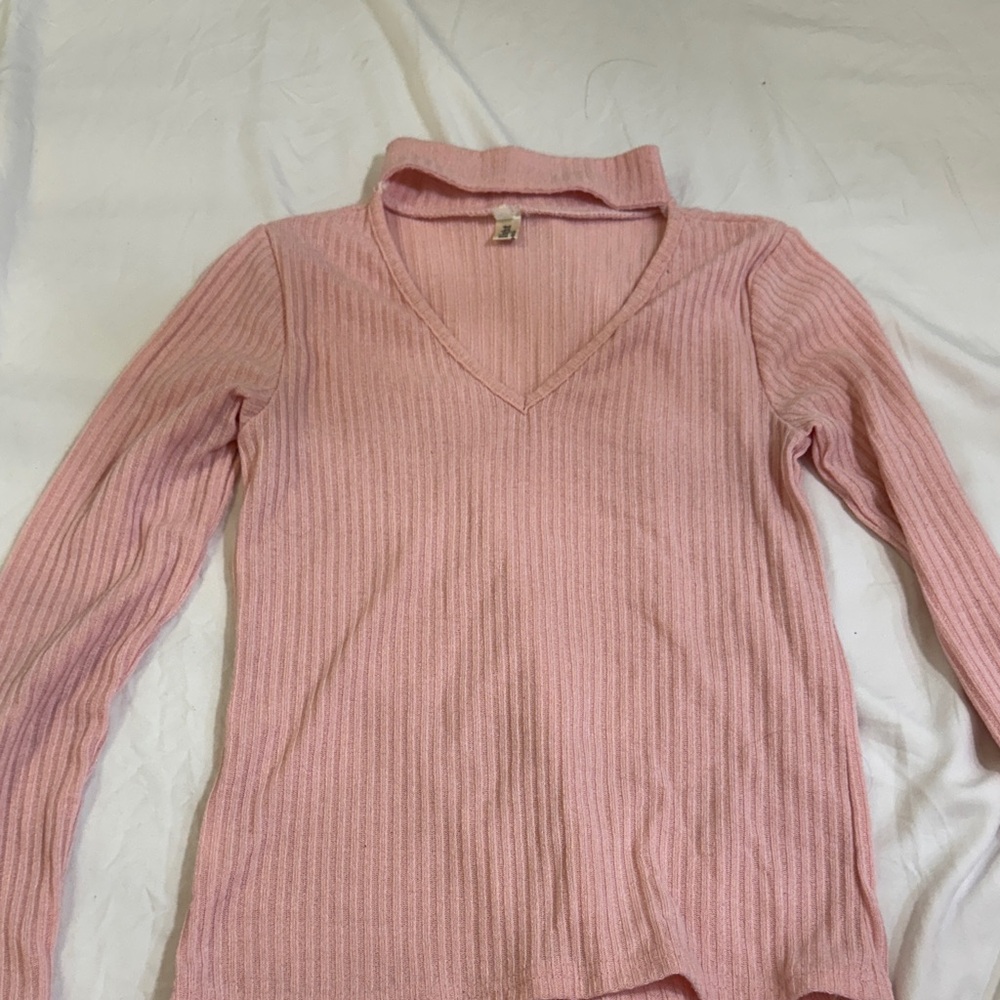 Pink Ribbed V-Neck Long Sleeve